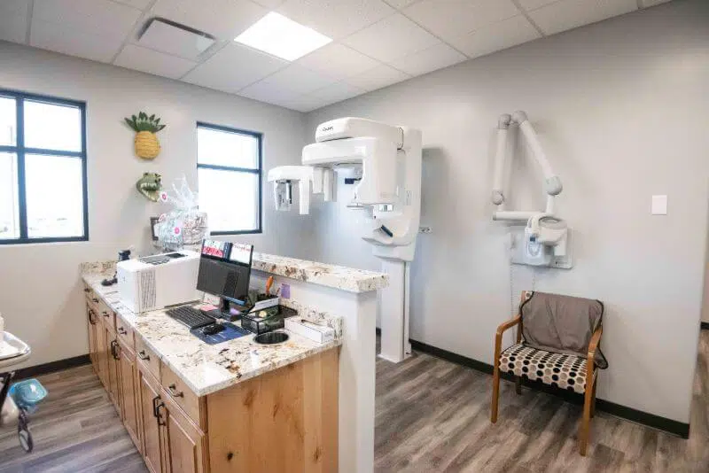 Circus-themed reception desk at Utah Children's Dentistry
